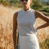 Pique Sleeveless Mock Neck | Cream Stripe